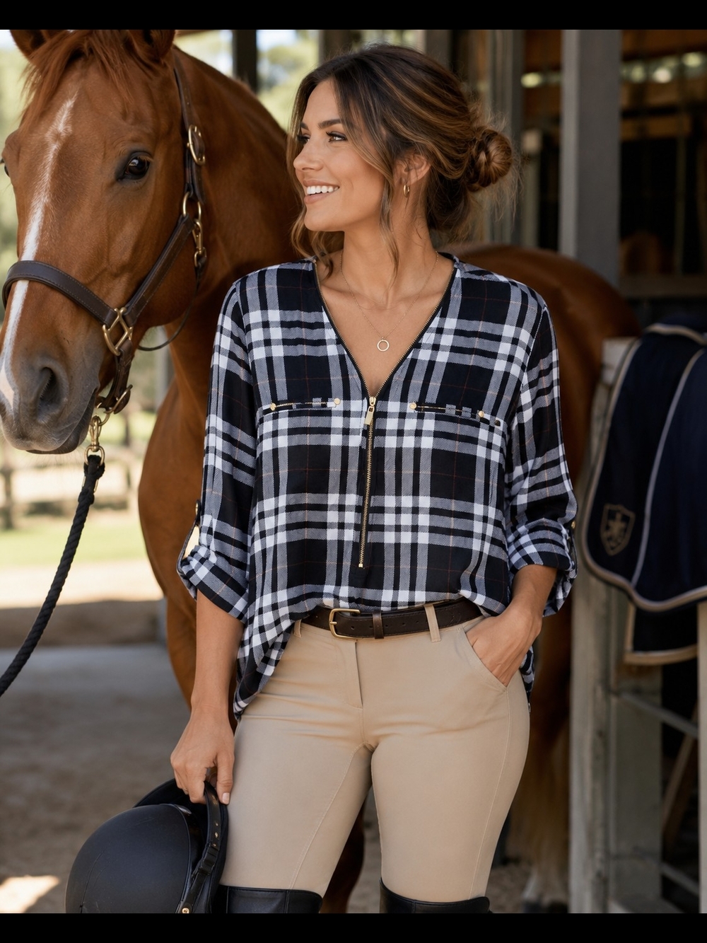 Miss Lili Navy & White Plaid Zip-Front Button-Down Top